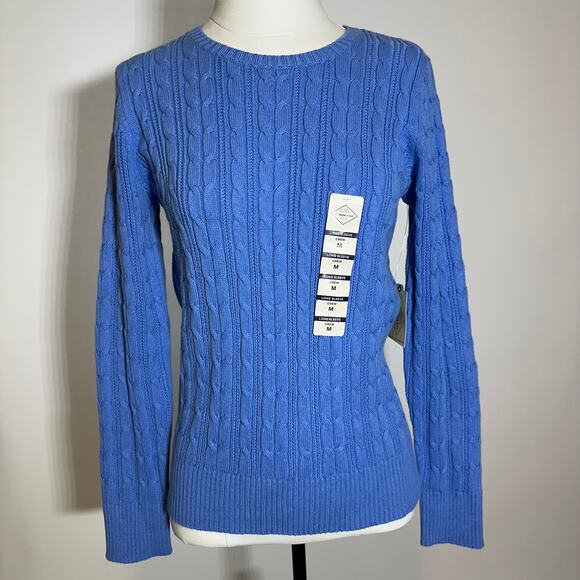 NWT St. John's Bay Blue Cable Knit Crewneck Sweater Preppy Womens Size Medium M - Picture 1 of 10